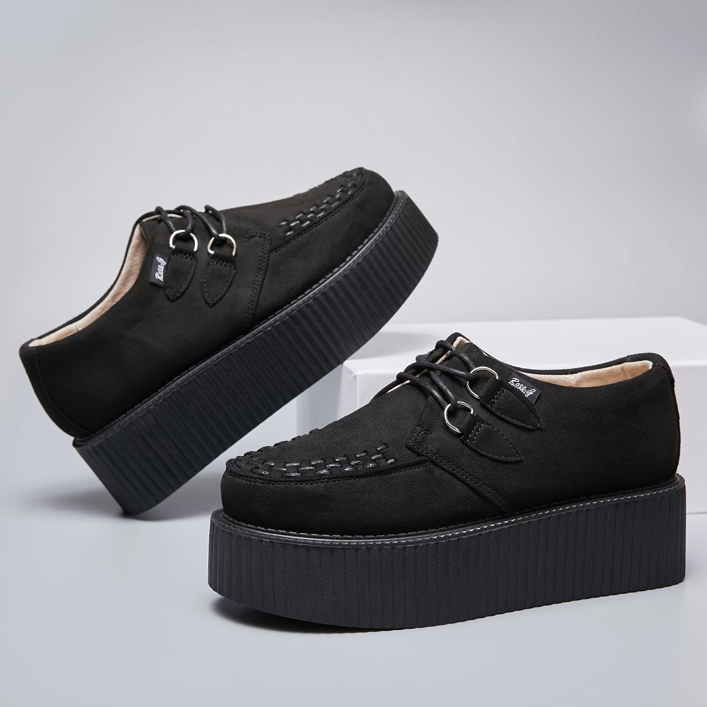 RoseG Women's Handmade Suede Lace Up Flat Platform Creepers Shoe Black 9