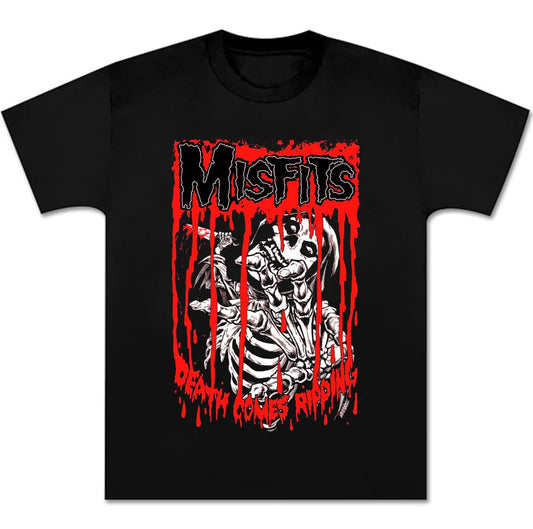 Misfits Shirt Novelty Rock Band Concert Short Sleeve for Women Death Comes Ripping Band Logo Graphic T-Shirt Unisex Black 3X-Large