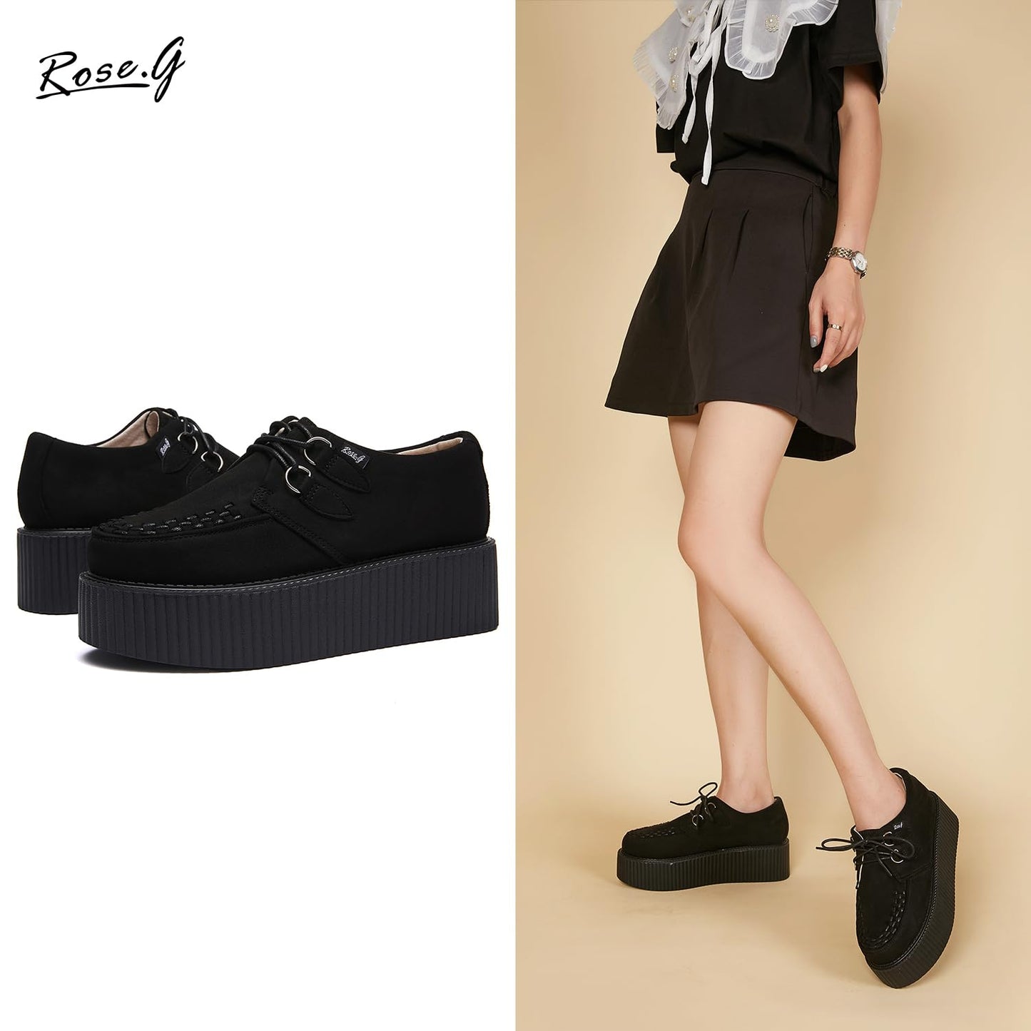 RoseG Women's Handmade Suede Lace Up Flat Platform Creepers Shoe Black 9