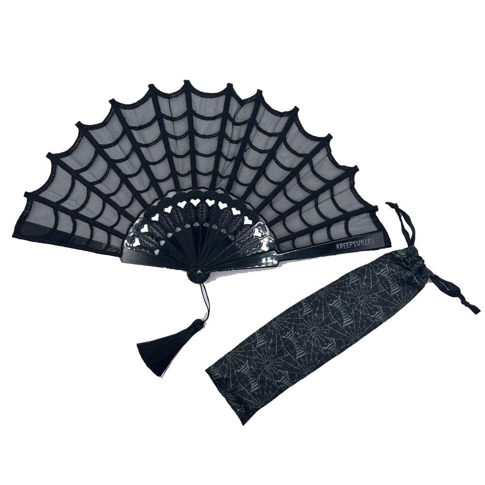 kreepsville 666 Spiderweb Lace Gothic Fabric Hand Fan with Tassel, One Size, Black