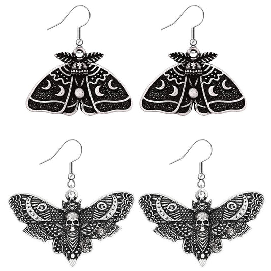 Weenkeey 2 Pairs Goth Butterfly Dangle Earrings Luna Moth Earrings Crescent Moon Star Drop Earrings Punk Skull Pendant Earrings for Women - Silver