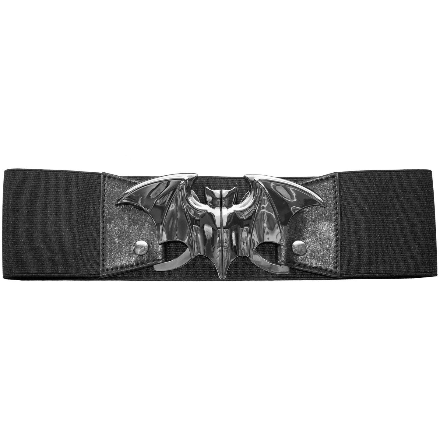 kreepsville 666 Elastic Waist Belt Bat Silver Elastic Split Buckle Fastening, Black, Silver, Large/X-Large