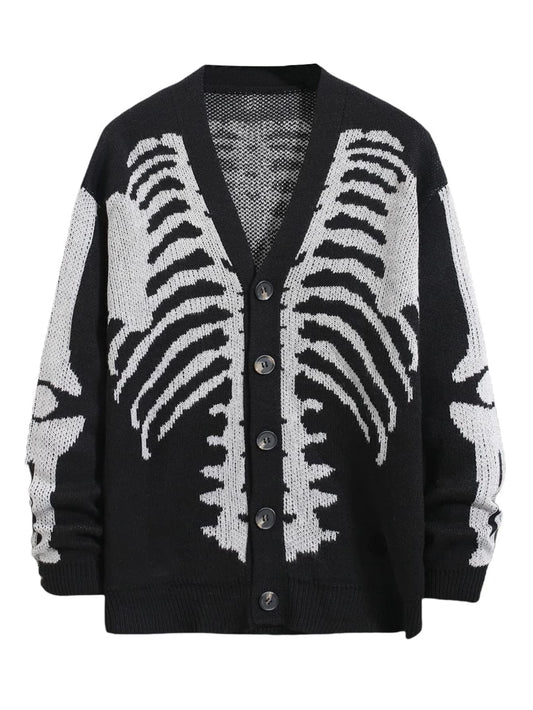 SHENHE Men's Skeleton Pattern Cardigan Sweaters Long Sleeve Unisex Outwear Knitted Coats Black L