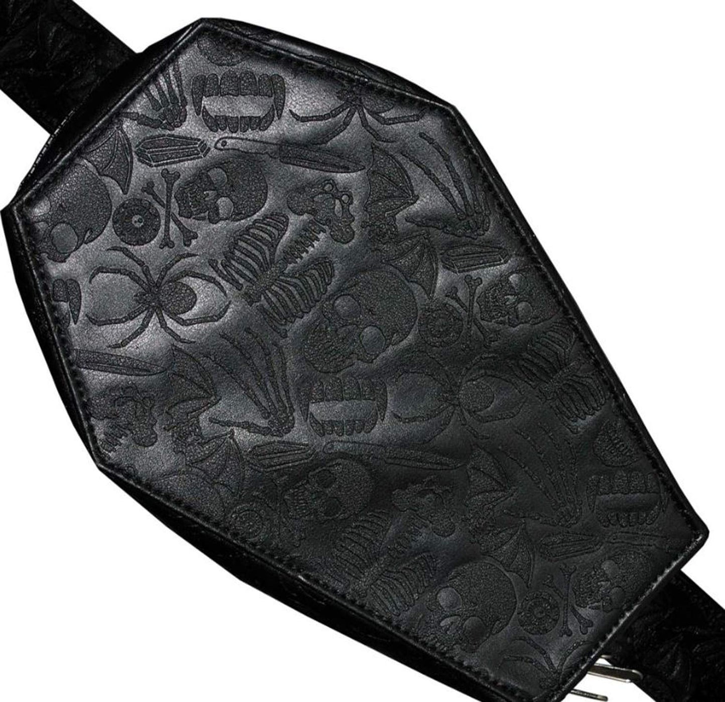 Kreepsville 666 Coffin Hip Pouch! Vegan Leather Fanny Pack! Design With Spooky Embossed Graphics! Black Leather Waist Bag!