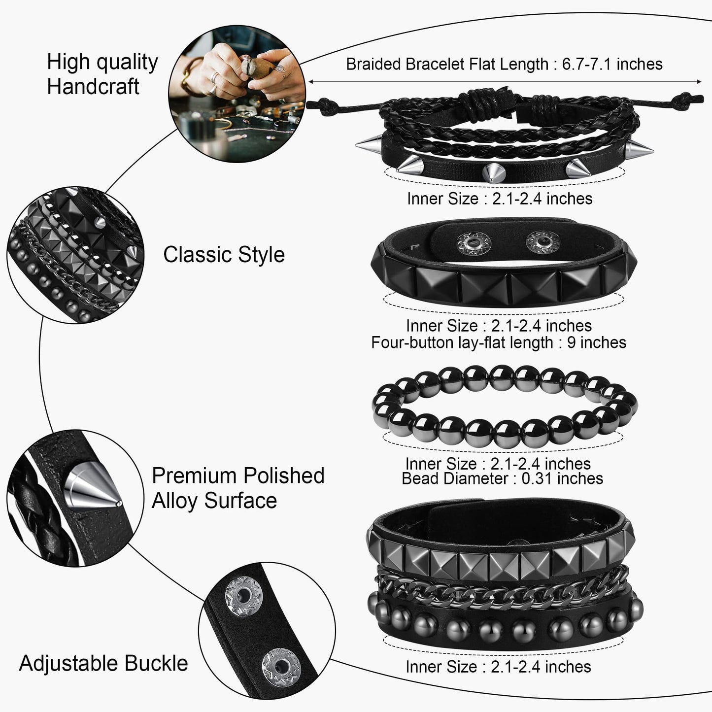 XIANNVXI 4Pcs Goth Bracelet Emo Bracelets Spike Punk Bracelet for Men Women Leather Cuff Adjustable Black Bracelet