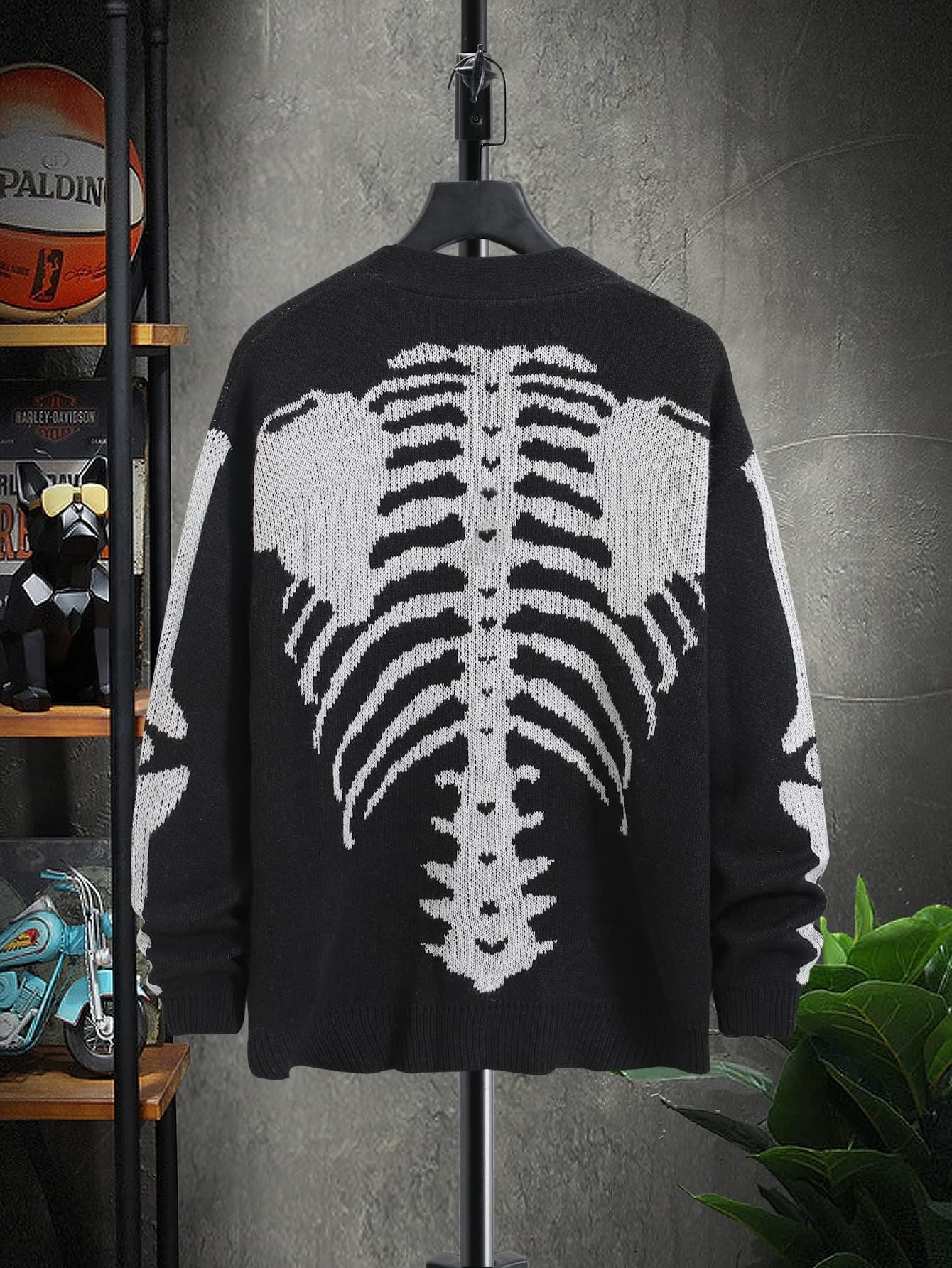 SHENHE Men's Skeleton Pattern Cardigan Sweaters Long Sleeve Unisex Outwear Knitted Coats Black L