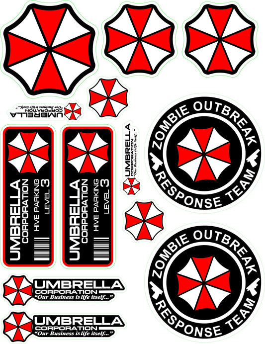 1 A4 sheet with 13x Umbrella Corporation Sticker Decal Car Truck Notebook Resident Evil Raccoon City Zombie The walking Dead